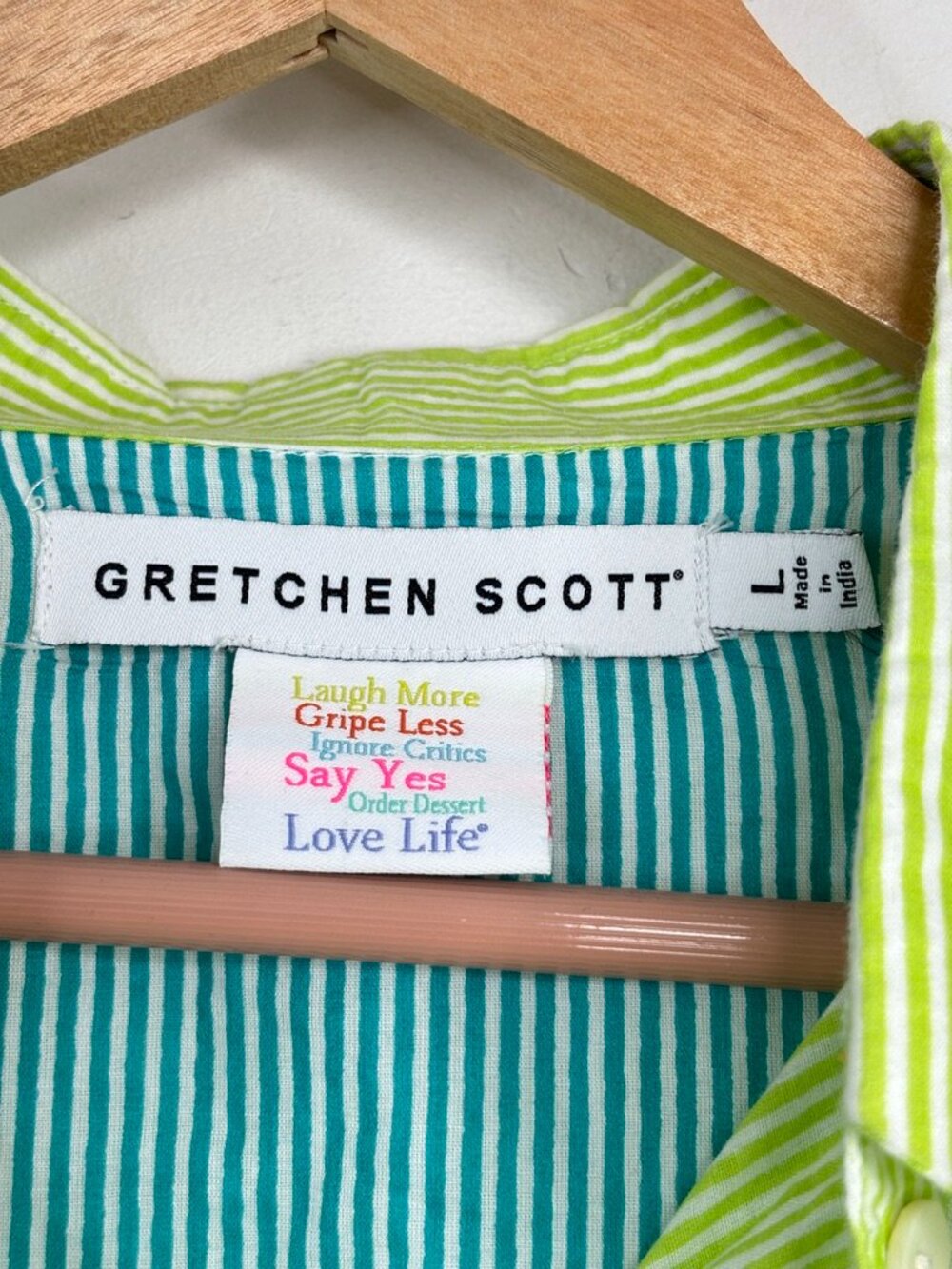Gretchen Scott Cotton Priss Blouse L Lime Green White Striped Ruffle Bell Sleeve - Picture 6 of 10